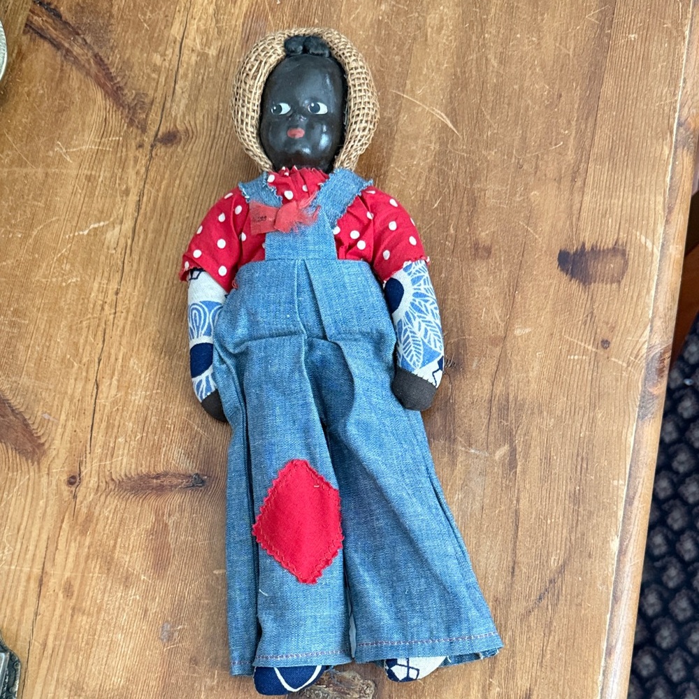 Handcrafted Doll with Denim Overalls and Red Shirt